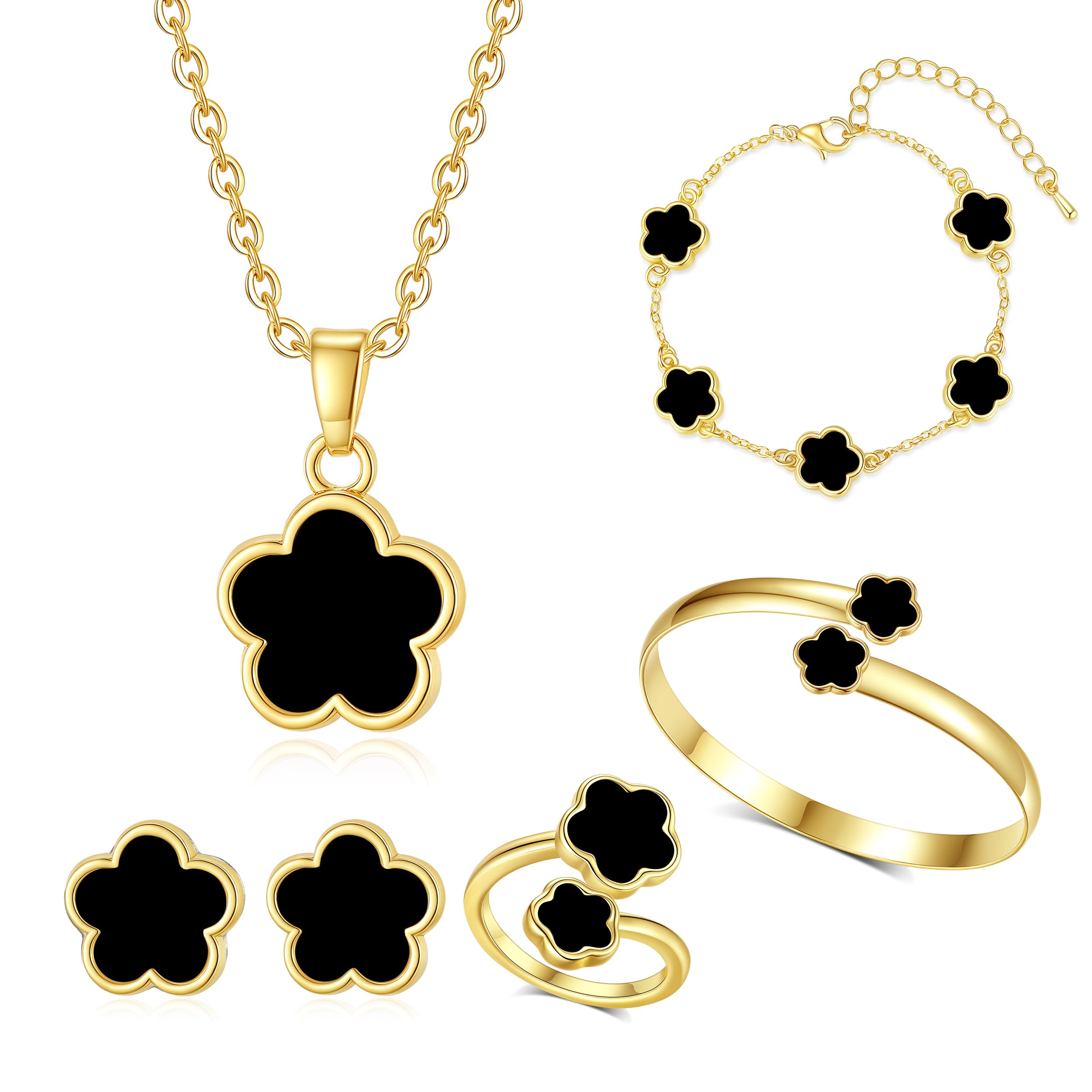 Clover Jewelry Set for Women Non Tarnish Gold-Tone Five Leaf Clover Necklace, Earrings, Ring, Bracelet Fashion Simple Floral Jewelry Set