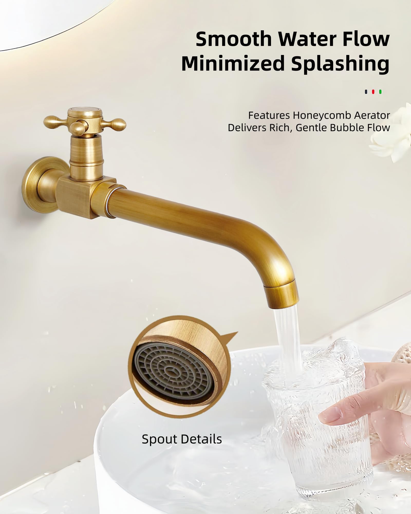 Kaltwasserhahn Wandmontage Messing Antik 360° Schwenkbar 24 cm | Wandmontierter Wasserhahn Messing mit langem Auslauf, Einhebel Wandarmatur für Bad, Garten, Balkon, Außenbereich