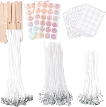Candle Wicks for Candle Making 150Pcs with 160Pcs Wick Stickers and 12Pcs Candle Wick Holders 48Pcs Warning Labels for DIY Candle Making 4"+6"+8"