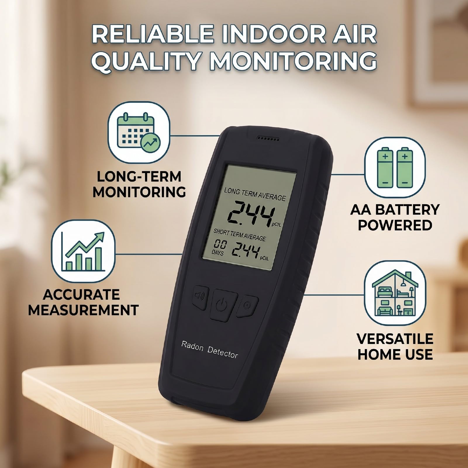 Luocute Rilevatore di Radon Portatile, Display LCD Digitale 0-270pCi L Monitor di Radon con Sensore Ionico Avanzato, Allarmi Visivi Acustici, Archiviazione Dati a Lungo Termine per