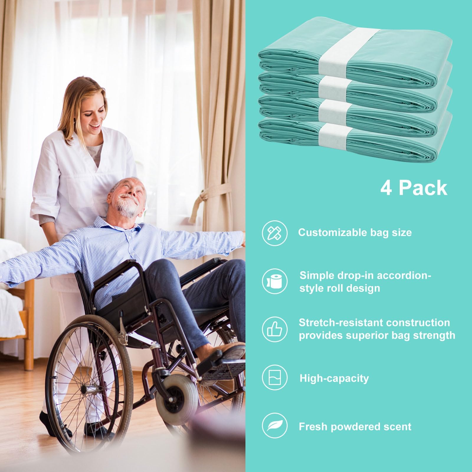 Rurbeder 4 Stück Windeleimer-Nachfüllbeutel, kompatibel mit Janibell Akord 330 Serie Windelsystem für Erwachsene, Grün, leicht parfümiert, windeleimer nachfüllfolie beutel - 5