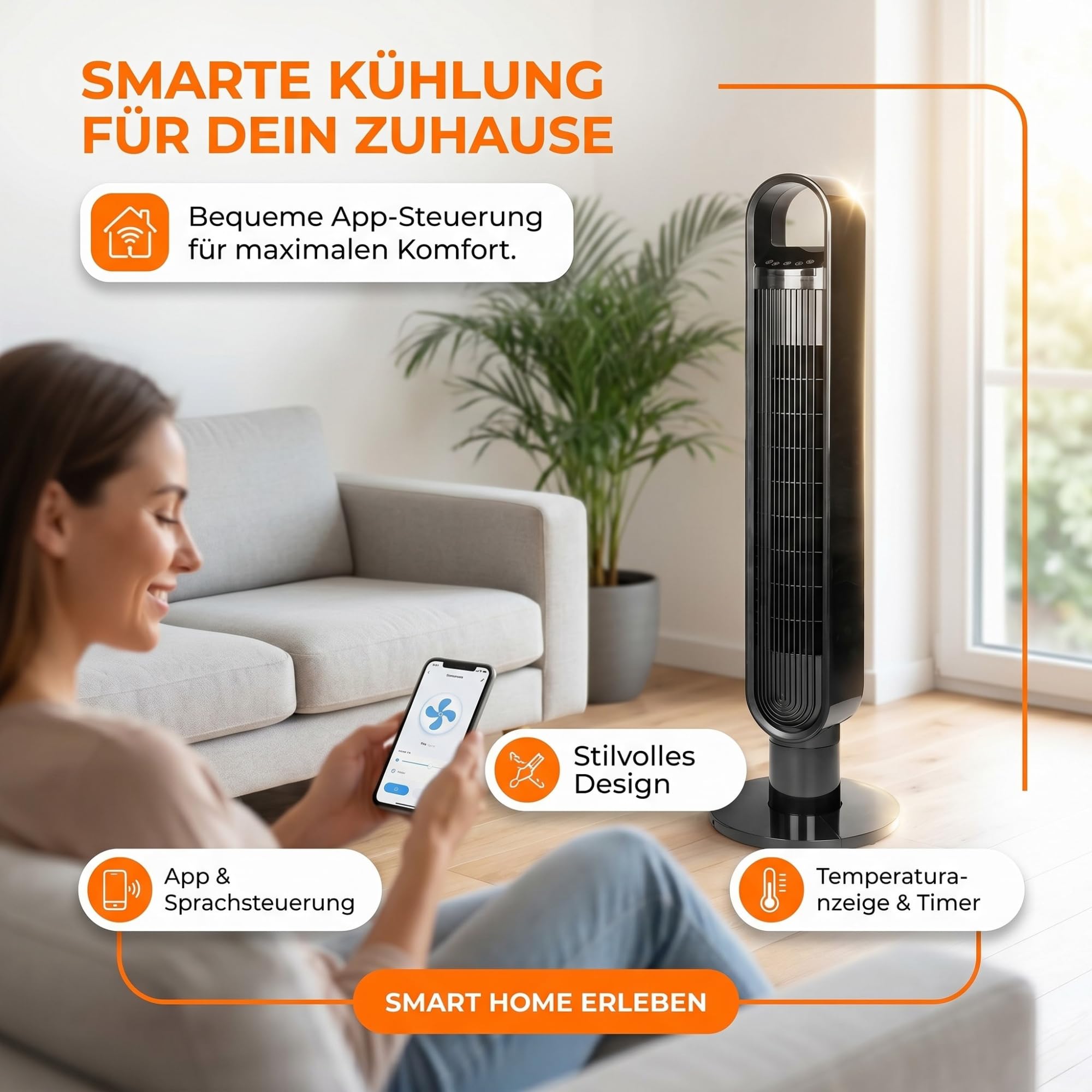 NEO TOOLS Turmventilator mit WLAN und Ionisator 60W 100cm Höhe App-Steuerung Digital-Display Fernbedienung 3 Modi und Geschwindigkeiten 75 Grad Oszillation 12h-Timer Schwarz