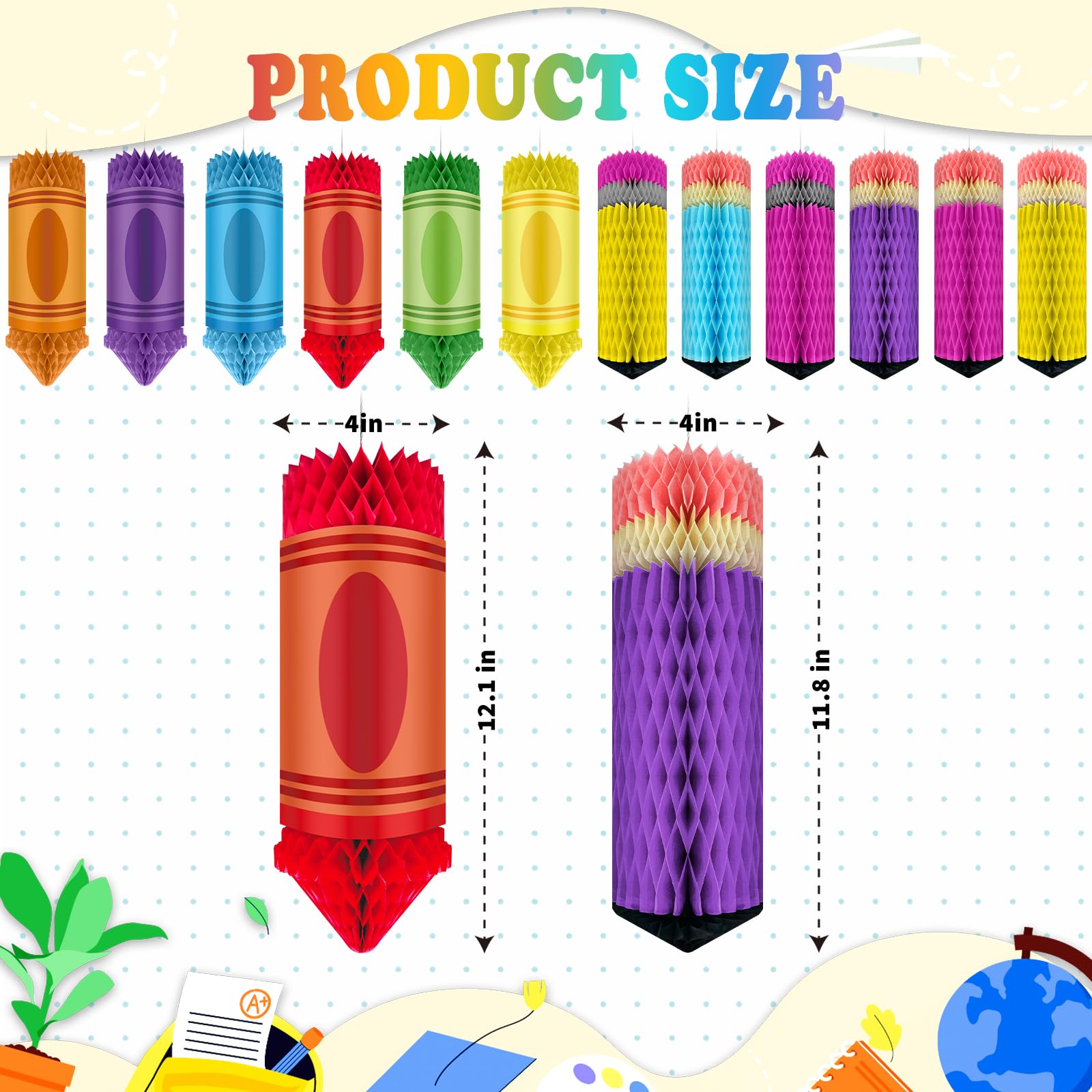 SNILOAW 12pcs Crayon Pencil Honeycomb Decorations Back to School First Day of School Preschool Kindergarten Decor Classroom Daycare Hanging Ceiling Decorations