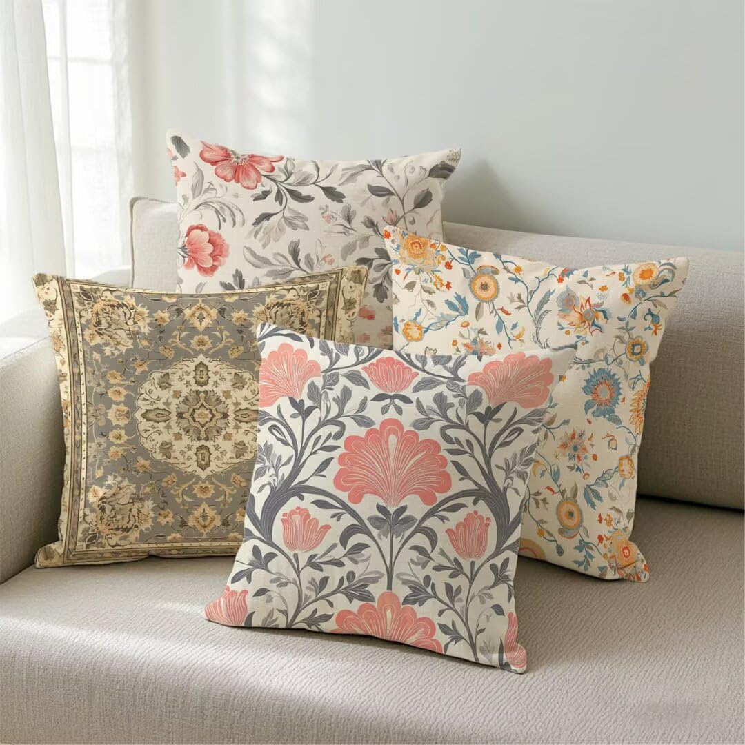 Fundas Cojines 40x40 cm Exterior Cojines Estilo Escandinavo Fundas de Almohada Juego de 4, Cuadrados Funda Cojin Floral Almohadas con Cremallera, Sofa Cama Decorativos para Hogar, Jardín, Salón Ym33