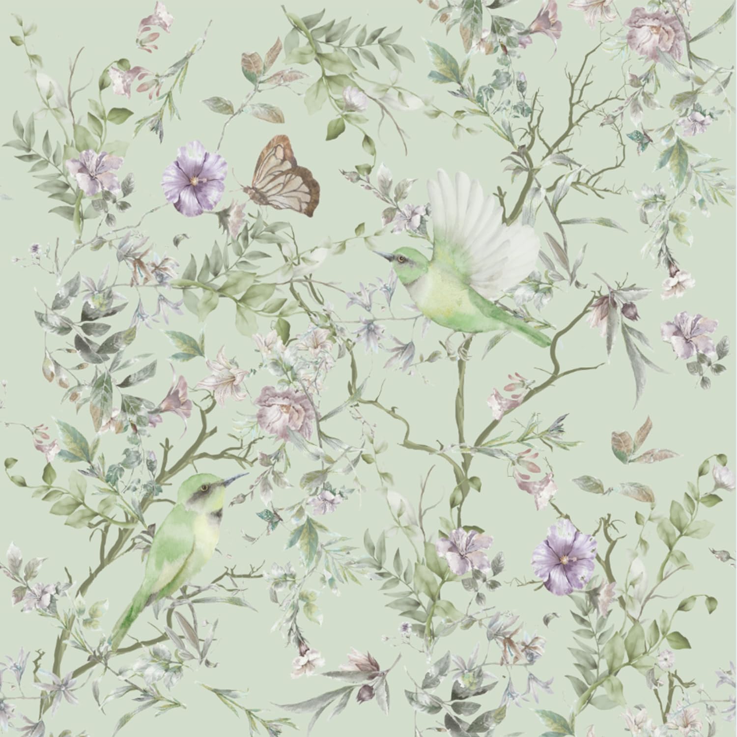 CHDITB Grün Pflanzen Blume Tapete,Aquarell Blätter Vögel Tapete,Schmetterlinge Blume Möbelfolie Selbstklebende(44x300cm) Pflanzen Grün Klebefolie Schlafzimmer Wohnzimmer