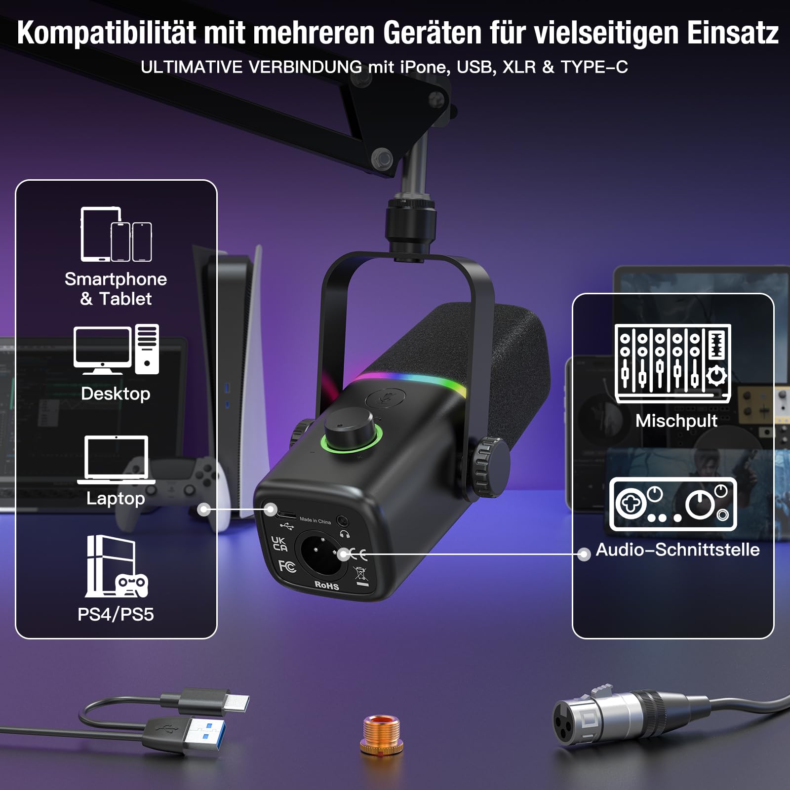 zealsound Dynamisches Gaming Mikrofon mit Arm, XLR/USB Mikrofon, KD8S | Mit Stummschaltung, Gain-Regler, USB-C & Lightning Adapter, Kompatibel mit PC, Handy & Soundkarten, für Podcast & aufnahmen