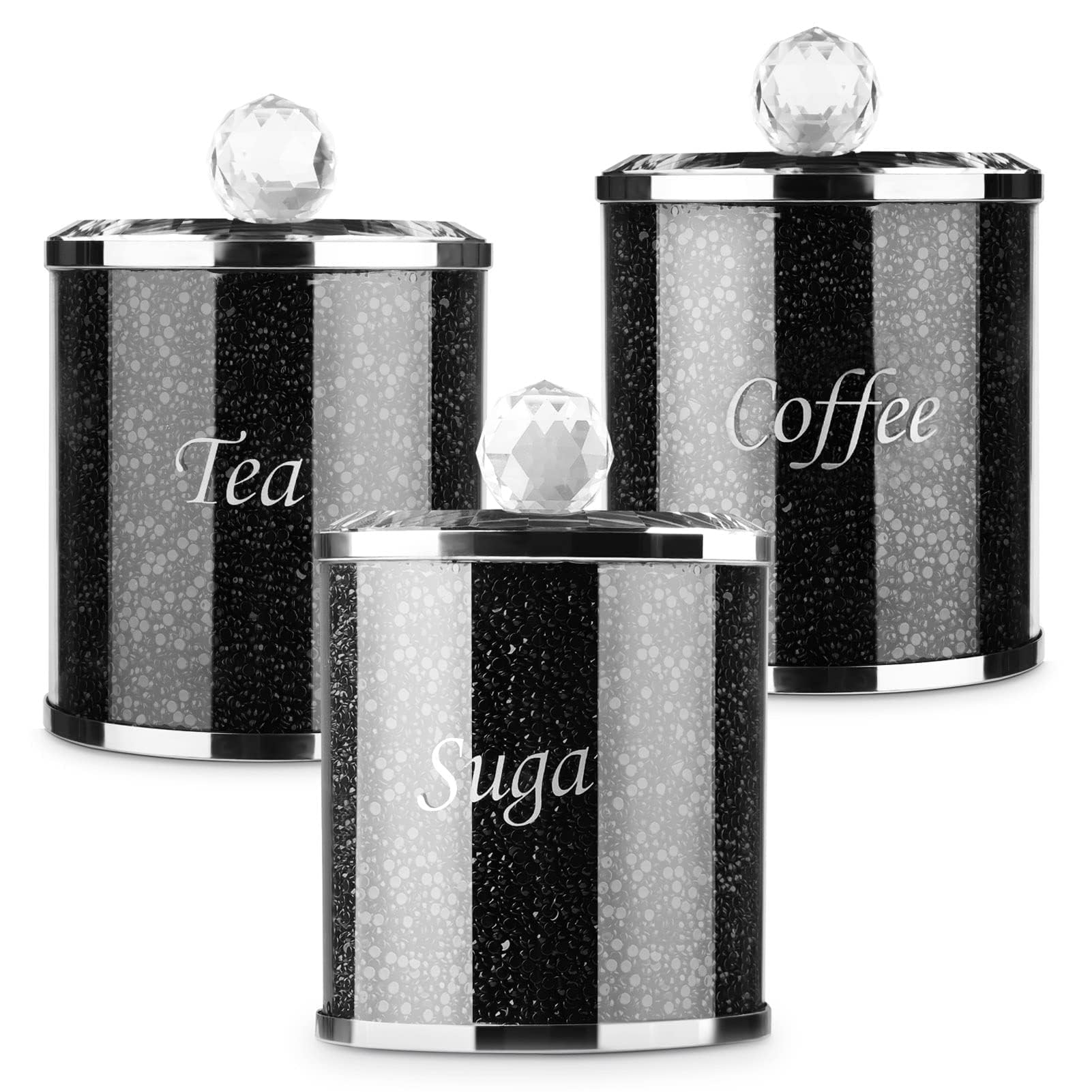3PCS Kitchen Storage Jars – Diamond Glass Canisters for Tea, Coffee, Sugar, and Flour – Airtight, Elegant, and Durable Kitchenware 10x10x14.5cm (Black)