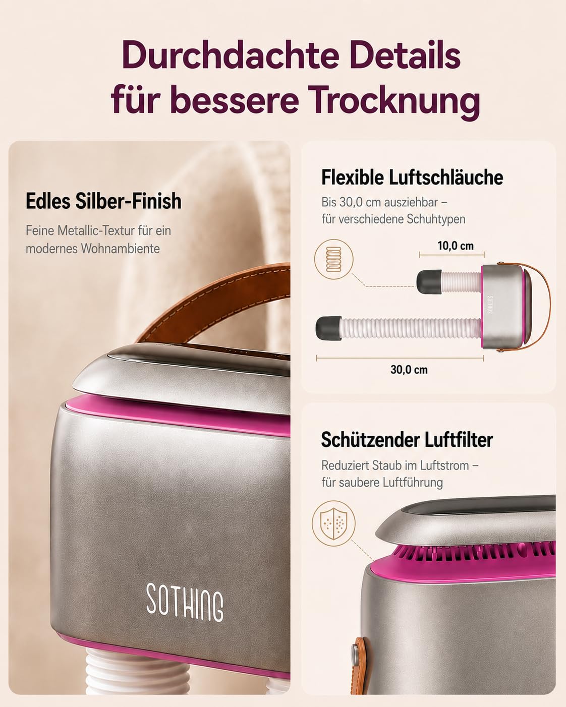 SOTHING Kofferraumtrockner, tragbarer Schuhtrockner für Sneaker, Ozon-Deodorierer, einziehbare Schläuche, 95 W Schnelltrocknung, 3 Heizstufen, LED-Touchpanel, 1-9H Timer, für Arbeitsstiefel, Rosenrot
