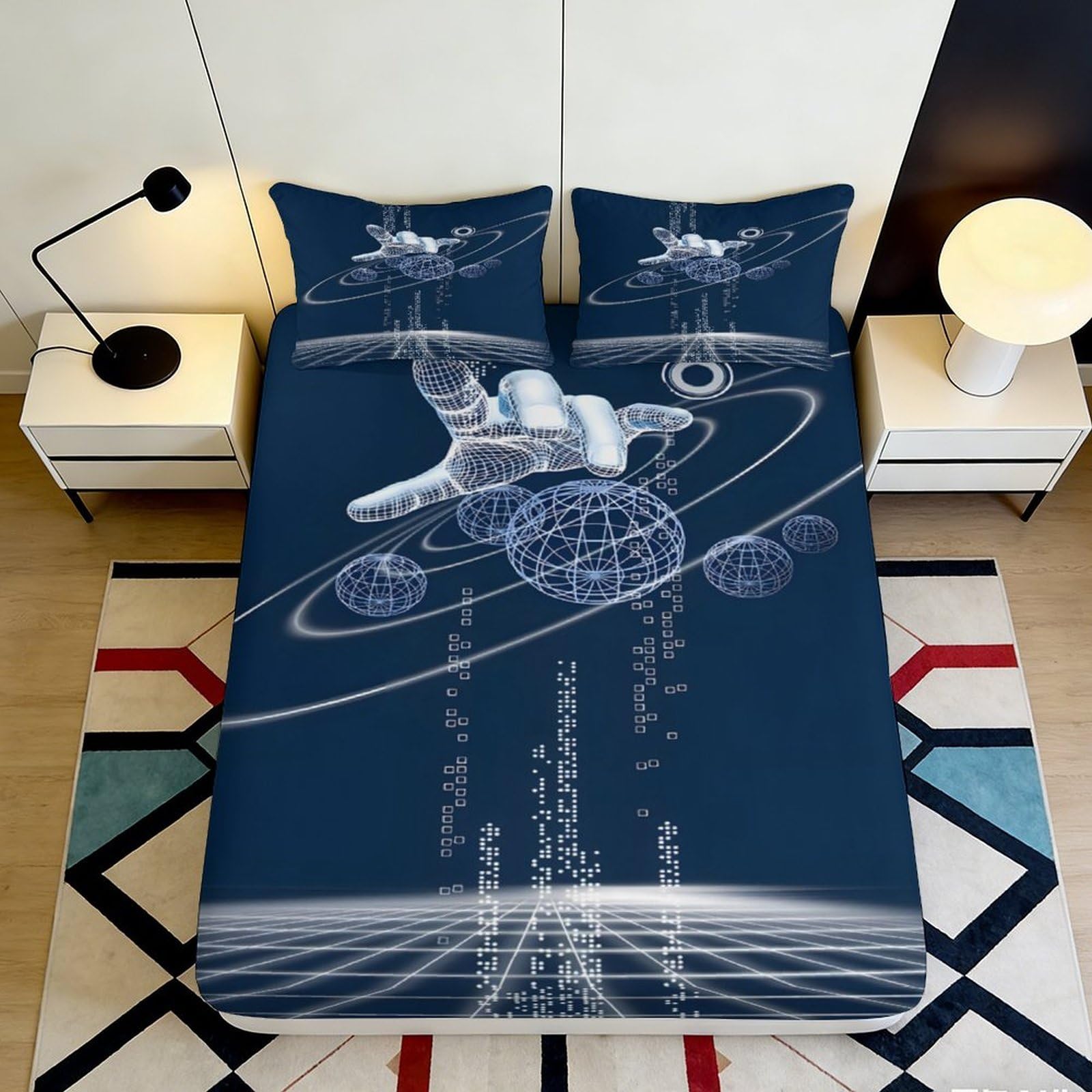 Jqzkxnhpbr Style-5 3D Printed Astronaut Planet Fitted Sheet Microfiber Blue Bedroom Decor Nebula Bed Cover For Home Guest Room 90X200x25cm