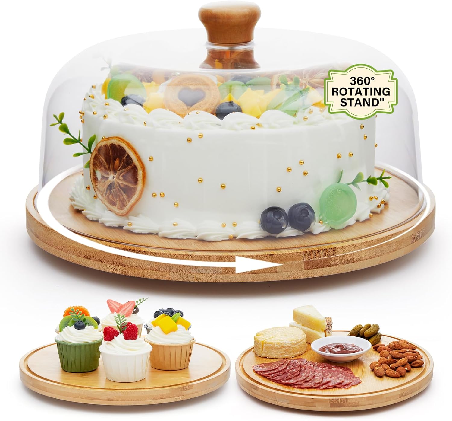 Rotating Cake Stand with Lid, 12'' Wood Food Plate with Cover, Serving Tray, Fruit Platter, Salad Bowl, Dessert Table Display & Acrylic Cake Dome Cover for Party
