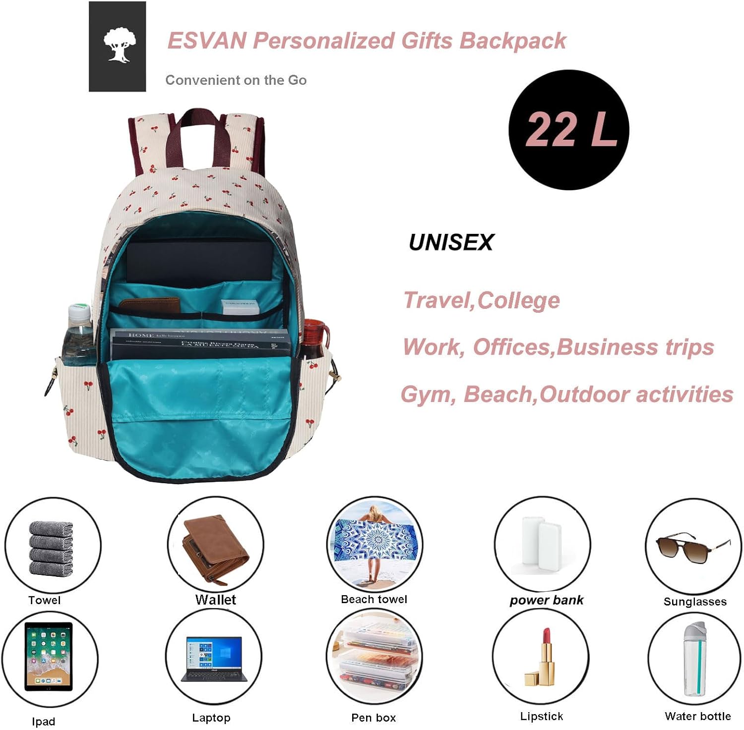 ESVAN Corduroy Backpack Lightweight Fashion 17 inch Laptop Bag for Women Casual College (Corduroy cherry)