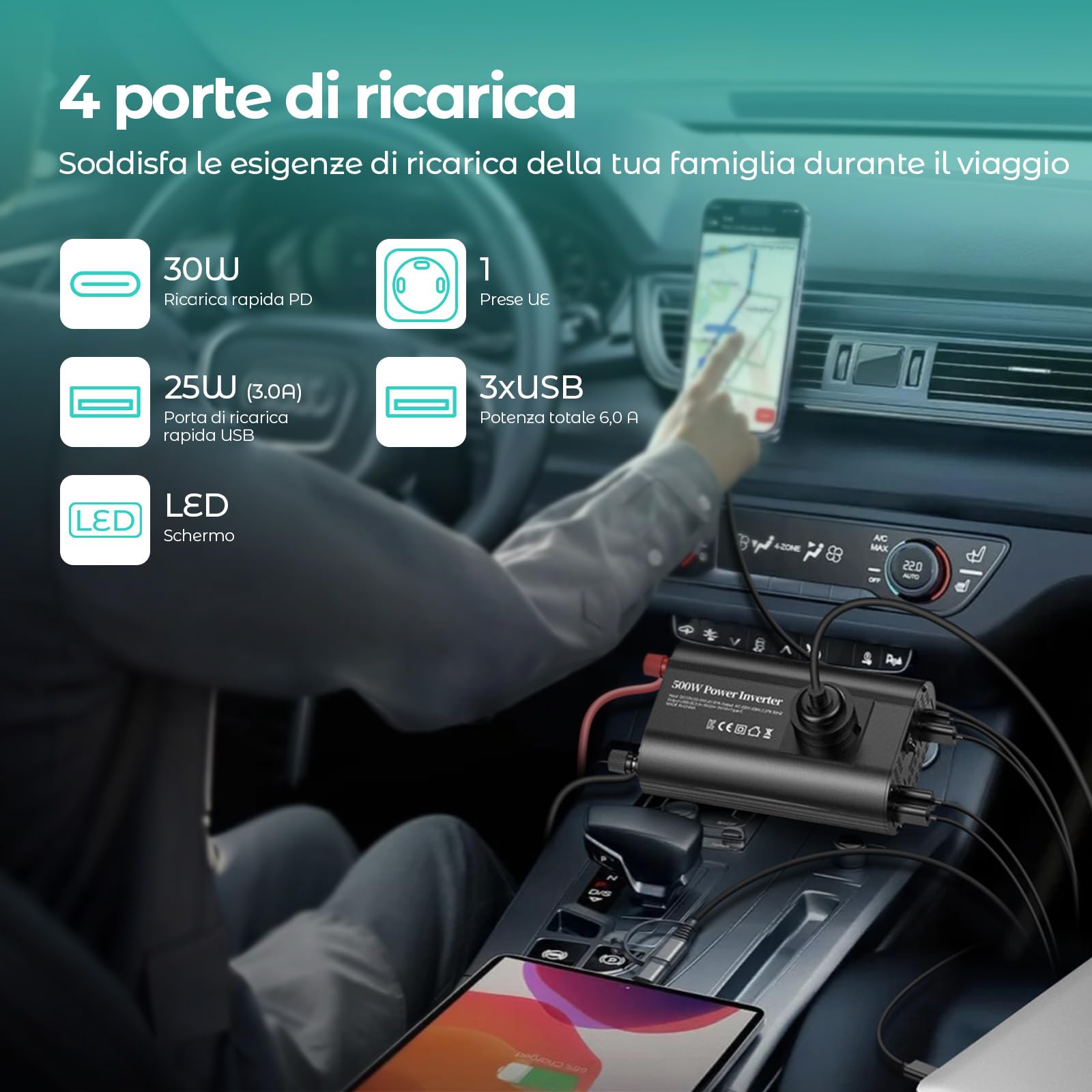 500W inverter 12v 220v, inverter auto con 1 presa, tipo C 30W, ricarica rapida USB 25W, 3 porte USB, display LED