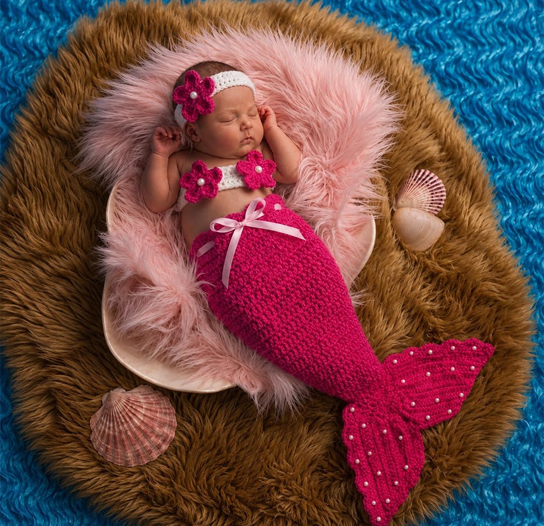 BabyMoon Set of 3 Crochet Mermaid New Born Photography Shoot Props Costume (6-18 Months, Pink) — Amazon image 4
