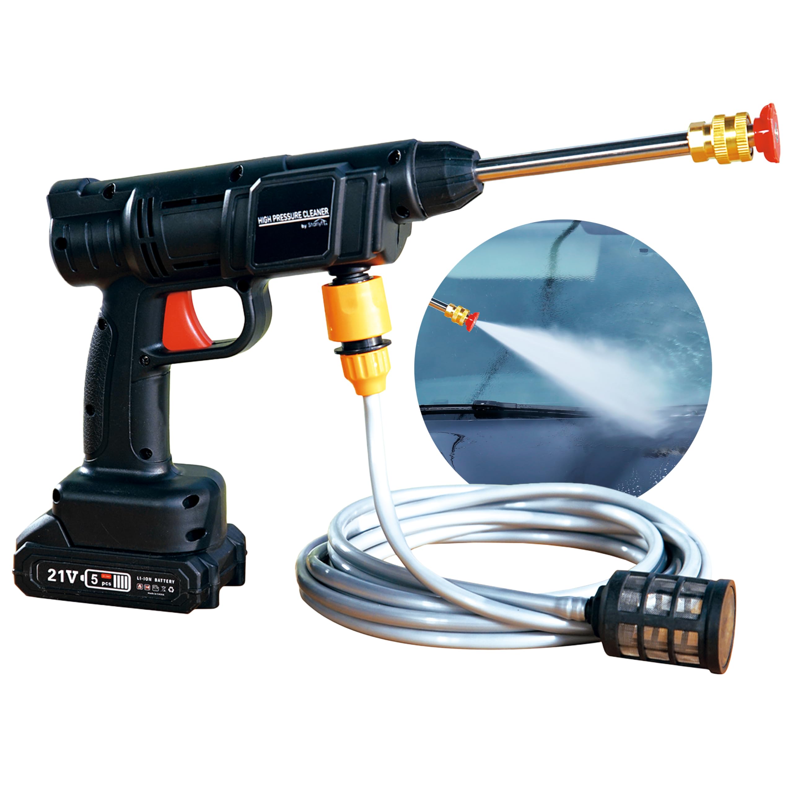 Press & Clean: Pistola de lavado de Alta Presión Portátil Sin Cables, Recargable. Accesorios: Cargador, Manguera presurizada con filtro, Dispensador jabón, Adaptador botellas, 2 Boquillas atomizadoras