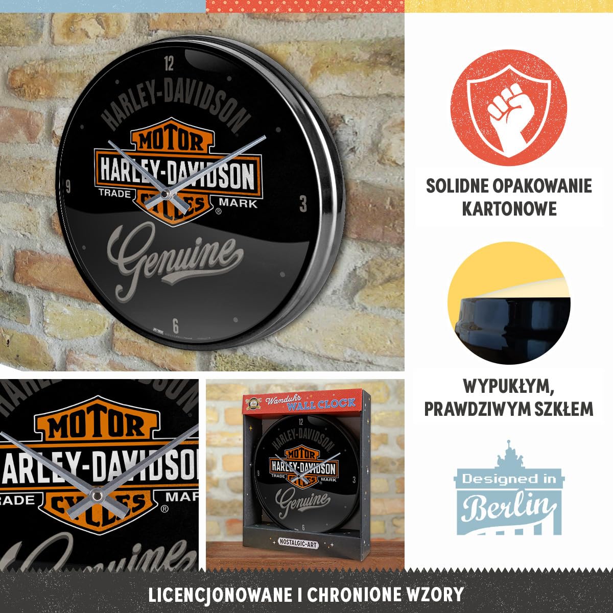 Harley-Davidson Retro zegar ścienny Ø 31 cm Official License Product duży zegar kuchenny styl vintage