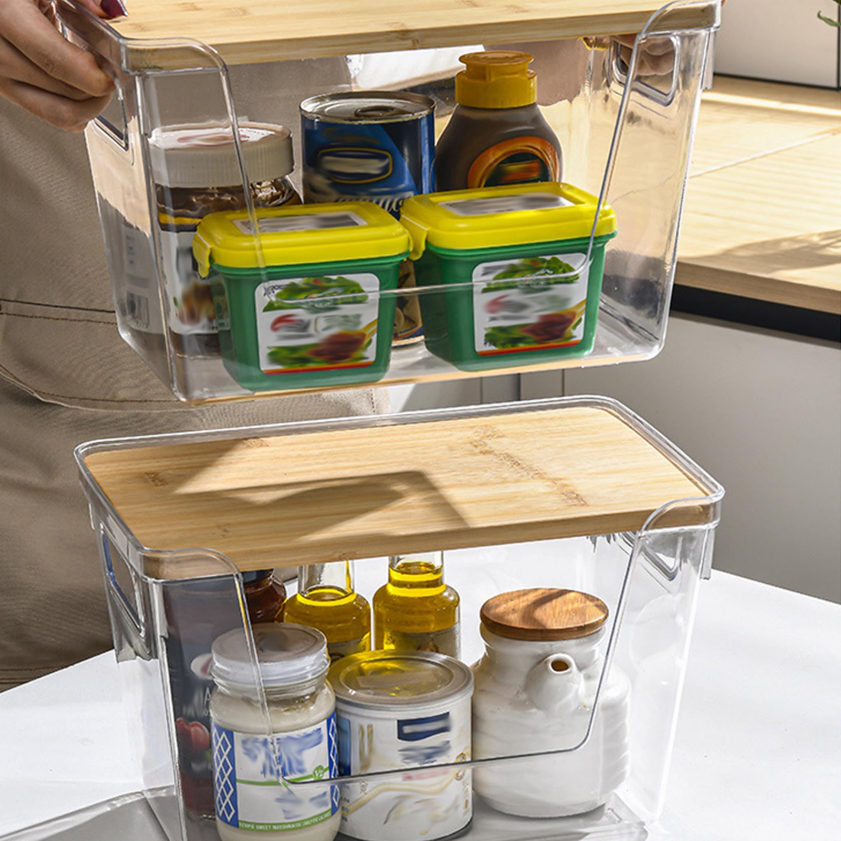 Dispensador de bolsas de basura, 2 unidades, apilables, de gran capacidad, con frente abierto, con tapas de bambú y asa para organización de cocina, lavandería