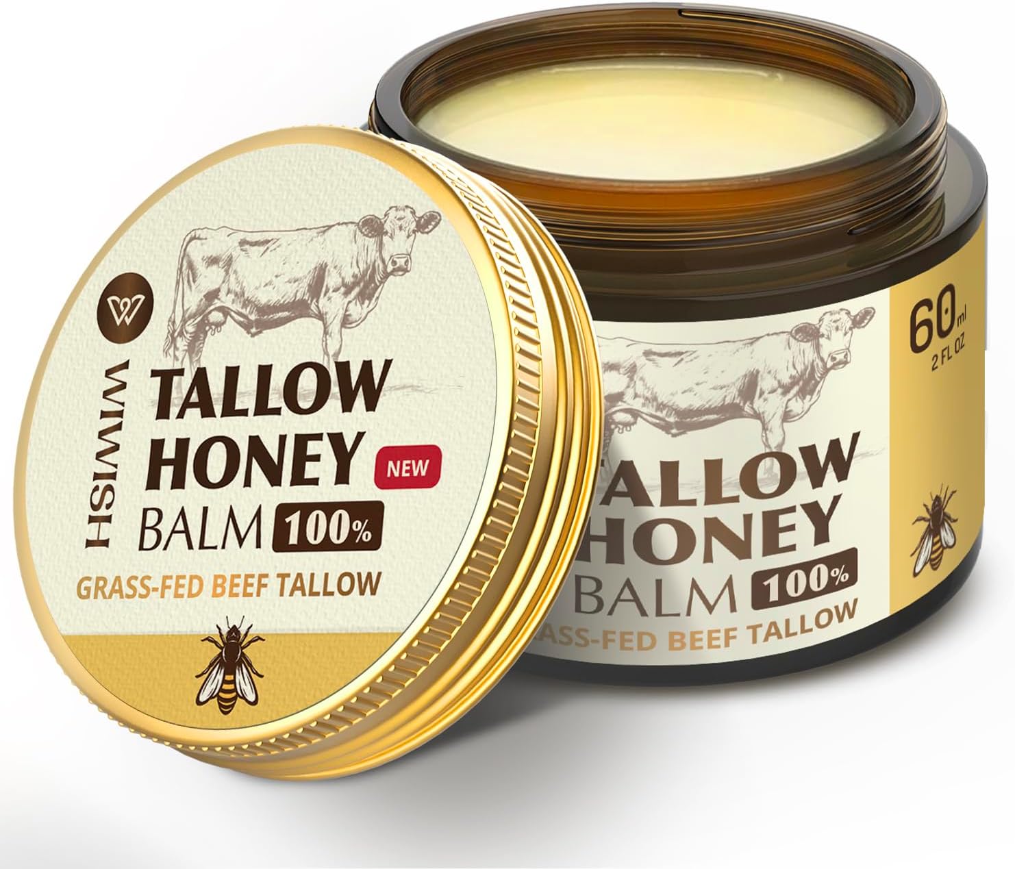 Beef Tallow and Honey Balm for Skin: Grass Fed Whipped Beef Tallow Face Body Moisturizer-Tallow Cream Infused with Raw Wild Honey for Soft, Smooth Skin