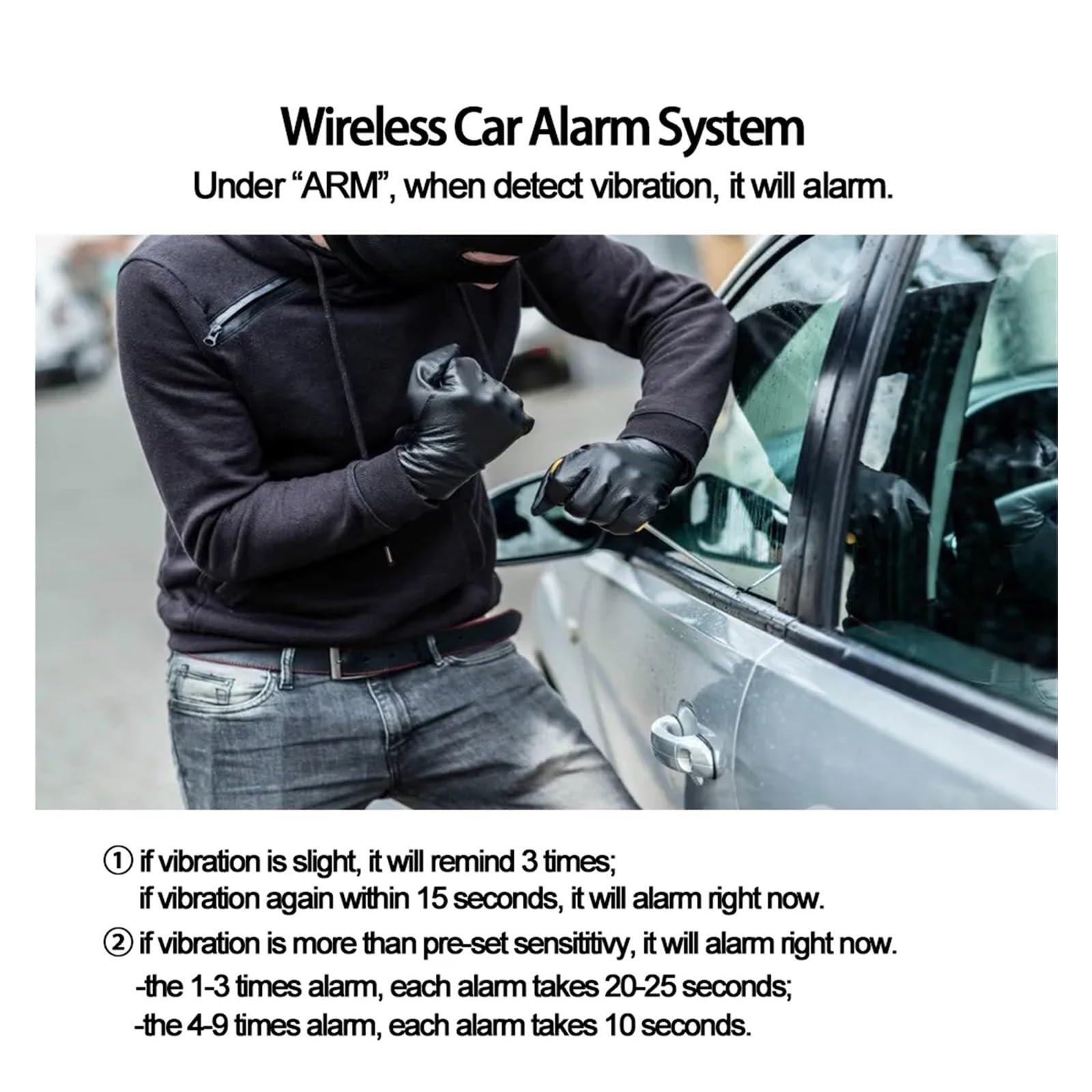 SystèMe D'Alarme Antivol pour Voiture Sirène sans Fil, capteur de Vibrations de Voiture, système d'alarme de sécurité unidirectionnel avec télécommande