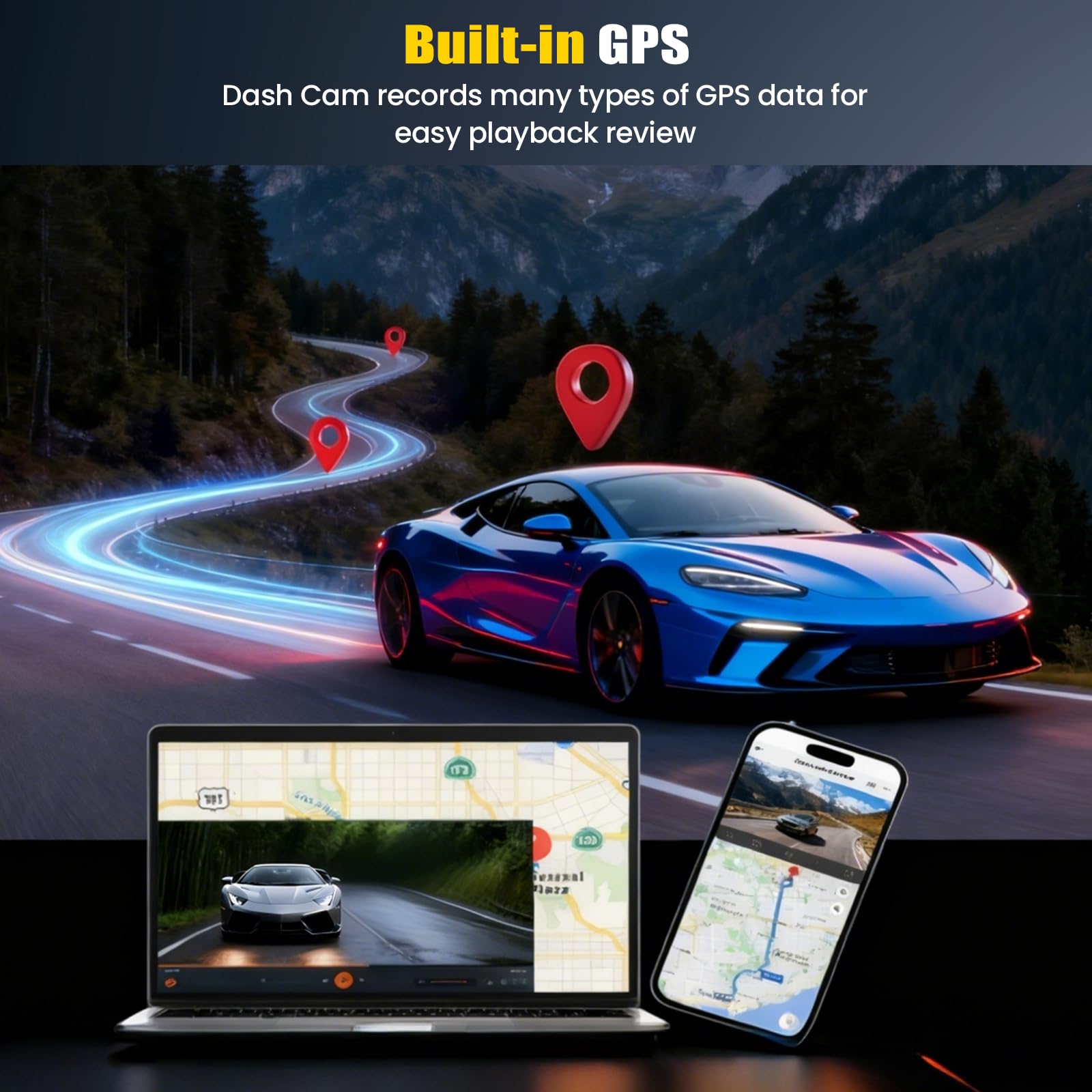 4K + 2,5K Cámara para Coches, Delantera y Trasera, Pantalla IPS de 3,16 Pulgadas, WiFi y GPS de 5 GHz Integrados, ADAS, Sensor G, Visión Nocturna Superior, Grabación en Bucle