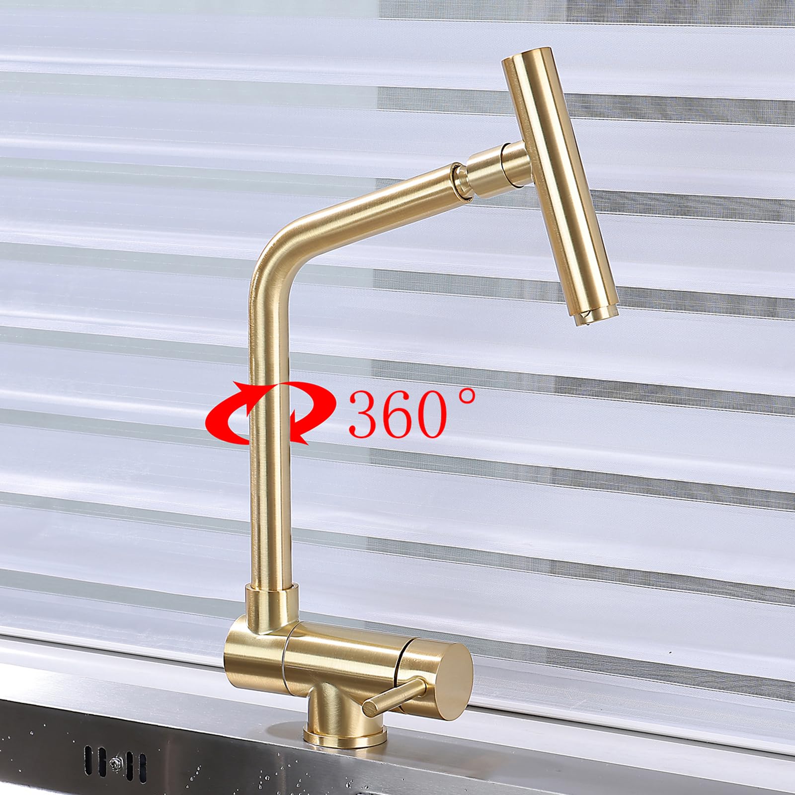 XJTNLB Grifo Cocina Abatible Dorado Cepillado Grifo Monomando Cocina, Mezclador de Fregadero con Caño Flexible