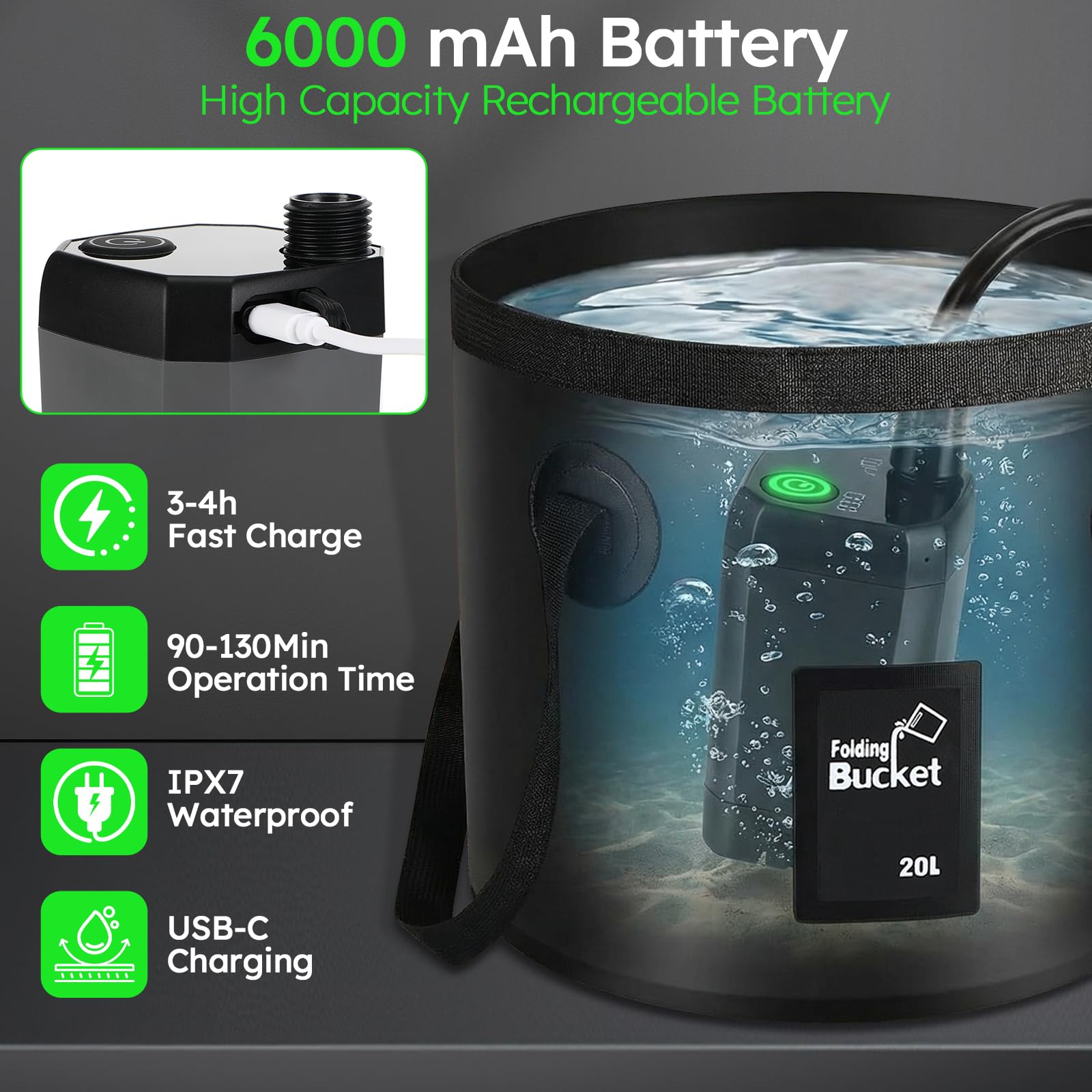 Doccia da Campeggio con Secchio Pieghevole 20L, 6000 mAh Doccia Ricaricabile Portatile con Doppio Display Digitale e Temperatura, Impermeabile IPX7 Doccia Esterna per Spiaggia, Auto, Animali, Giardino