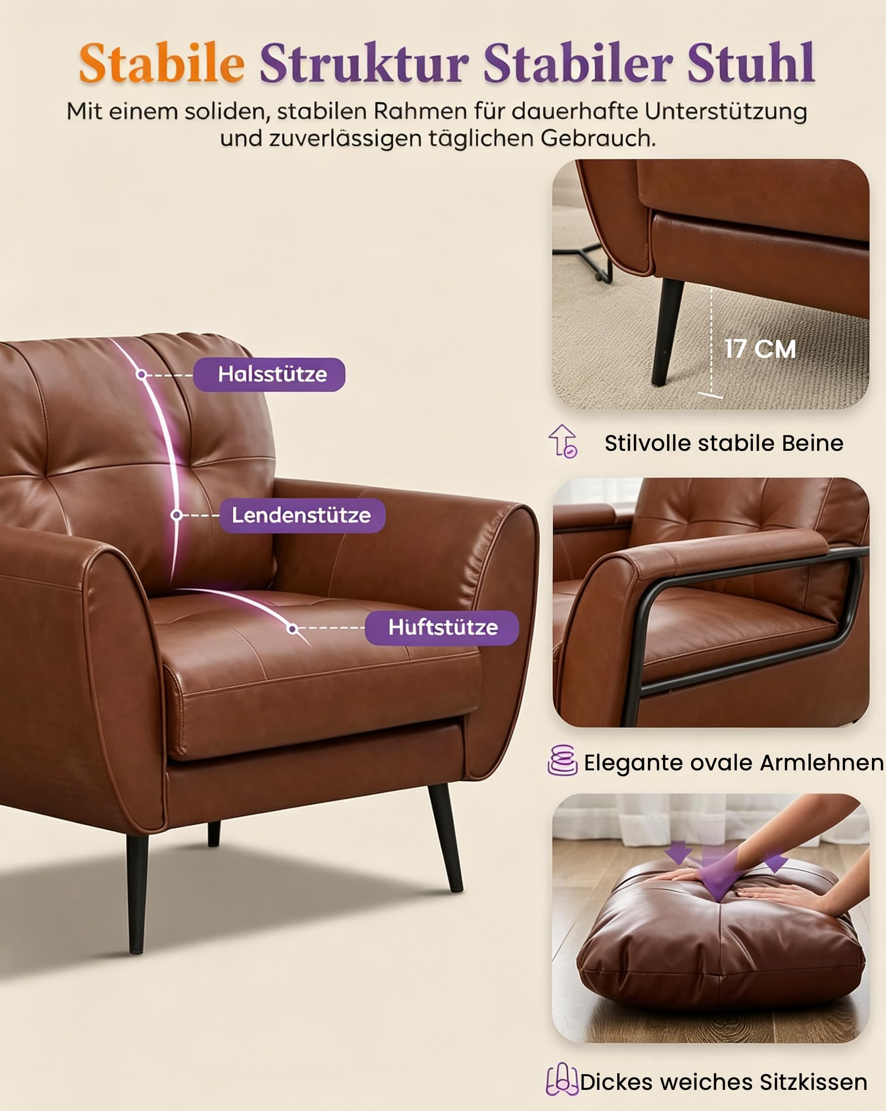 GRAVFORCE Sessel Wohnzimmer Ohrensessel Sessel mit Armlehnen Braun 2 | Prägunoserie Bequem und Modern Lesesessel Loungesessel Prägunoserie Einzelsofa Kunstleder