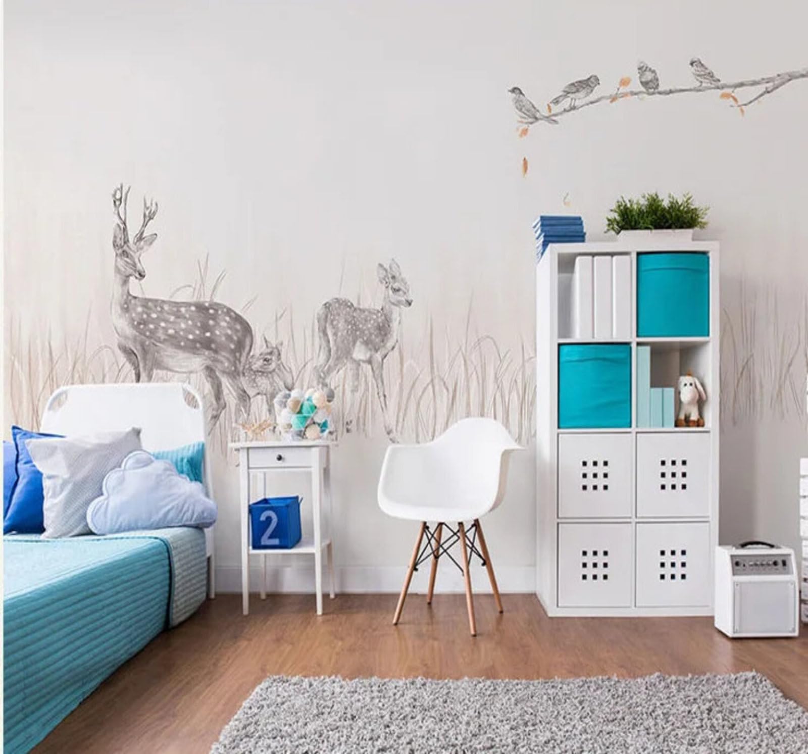 Xlming 400Cm×280Cm(B×H) Hand Drawn Animals Sika Deer Cartoon Sketch 3D Wallpaper Silky Texture Home Study Office Grey Dining Room Sofa Bedroom Living Room Tv Backdrop-400Cm×280Cm