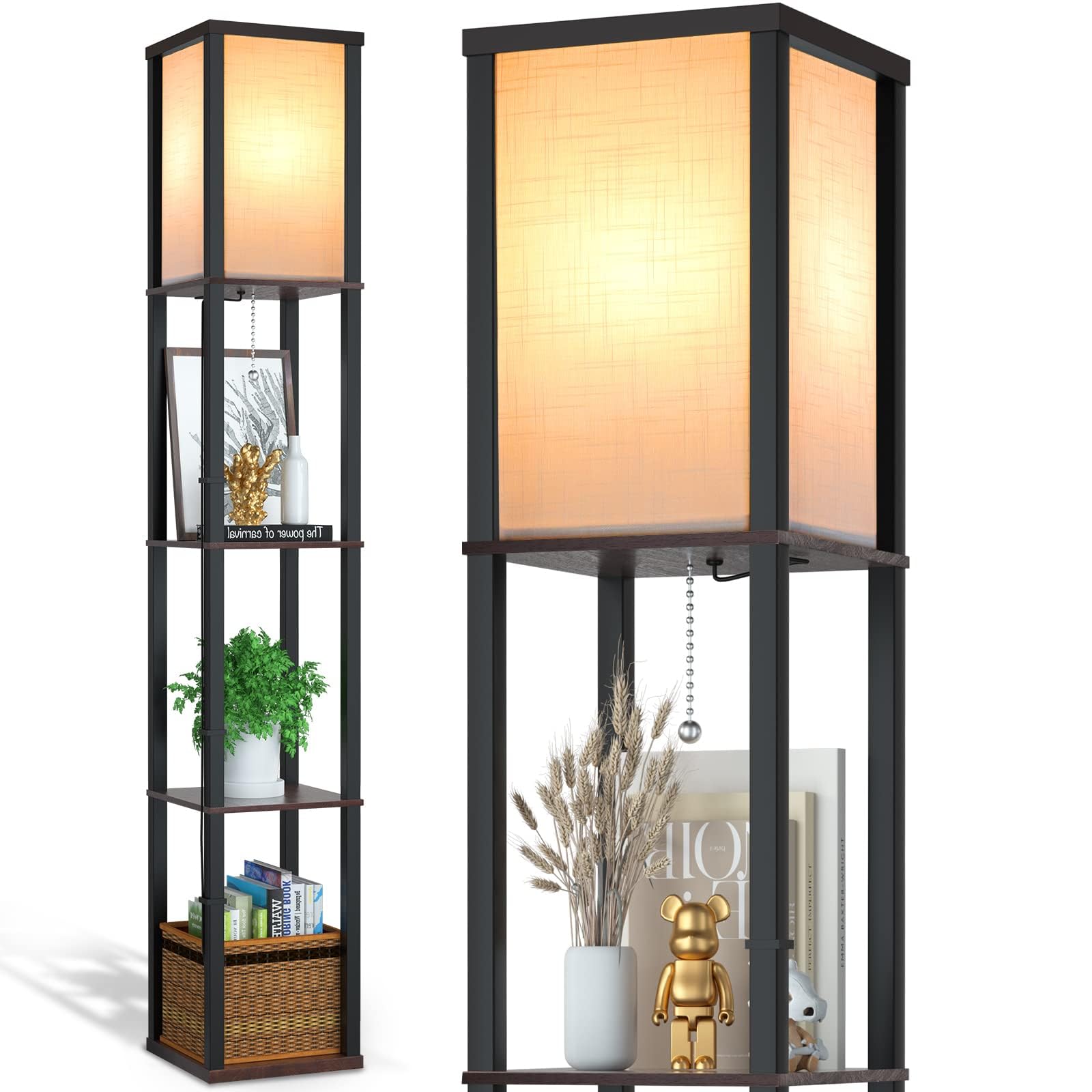 Omdekor Stehlampe aus Holz, Moderne Stehleuchte mit Schwarz Regal, Standleuchte Holzablage 3 Farbtemperaturen Birne, Beleuchtung E27 Fassung für Wohnzimmer Büro Schlafzimmer Flur Ecke(Kein Korb)