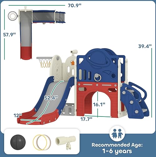 Miniatura 7 de Qaba Juego de toboganes 8 en 1 para niños pequeños de 1 a 6 años con aro de baloncesto y pelota, lanzamiento de anillo, telescopio, escalador,