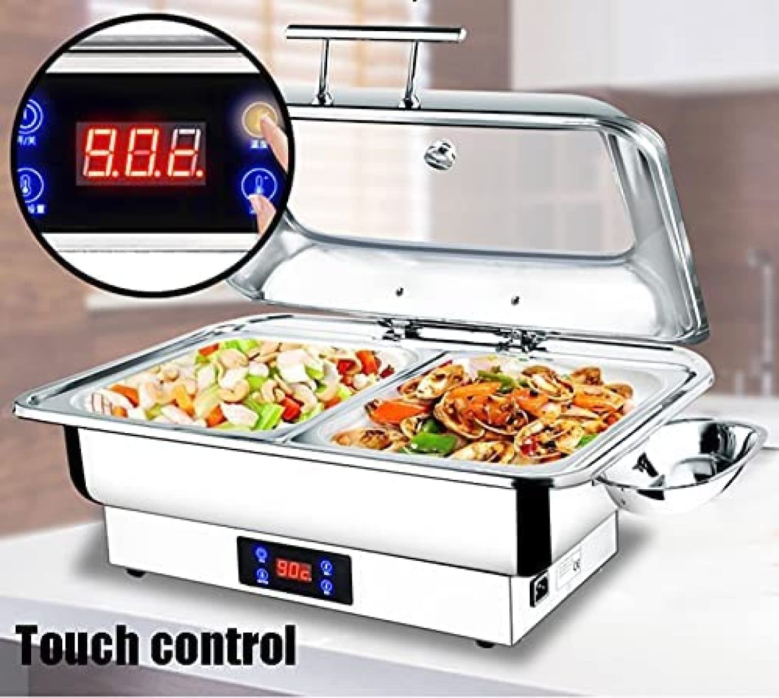 Chafing Dishes Buffet Food Warmers, Buffet Server In Stainless Steel With Touch Screen, 9L 13L Hot Plates For Keeping Food Warm, 30℃-90℃ Temperature Adjustable, Transparent Glass Cover,13l,Full-si