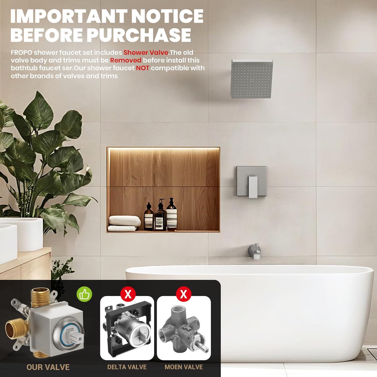 Tub Shower Faucet Set with Valve, 8- Inch Square shower head and tub faucet set Brushed Nickel, Rainfall Shower Faucet Set with Tub Spout, High-Pressure Tub Shower Trim Kit