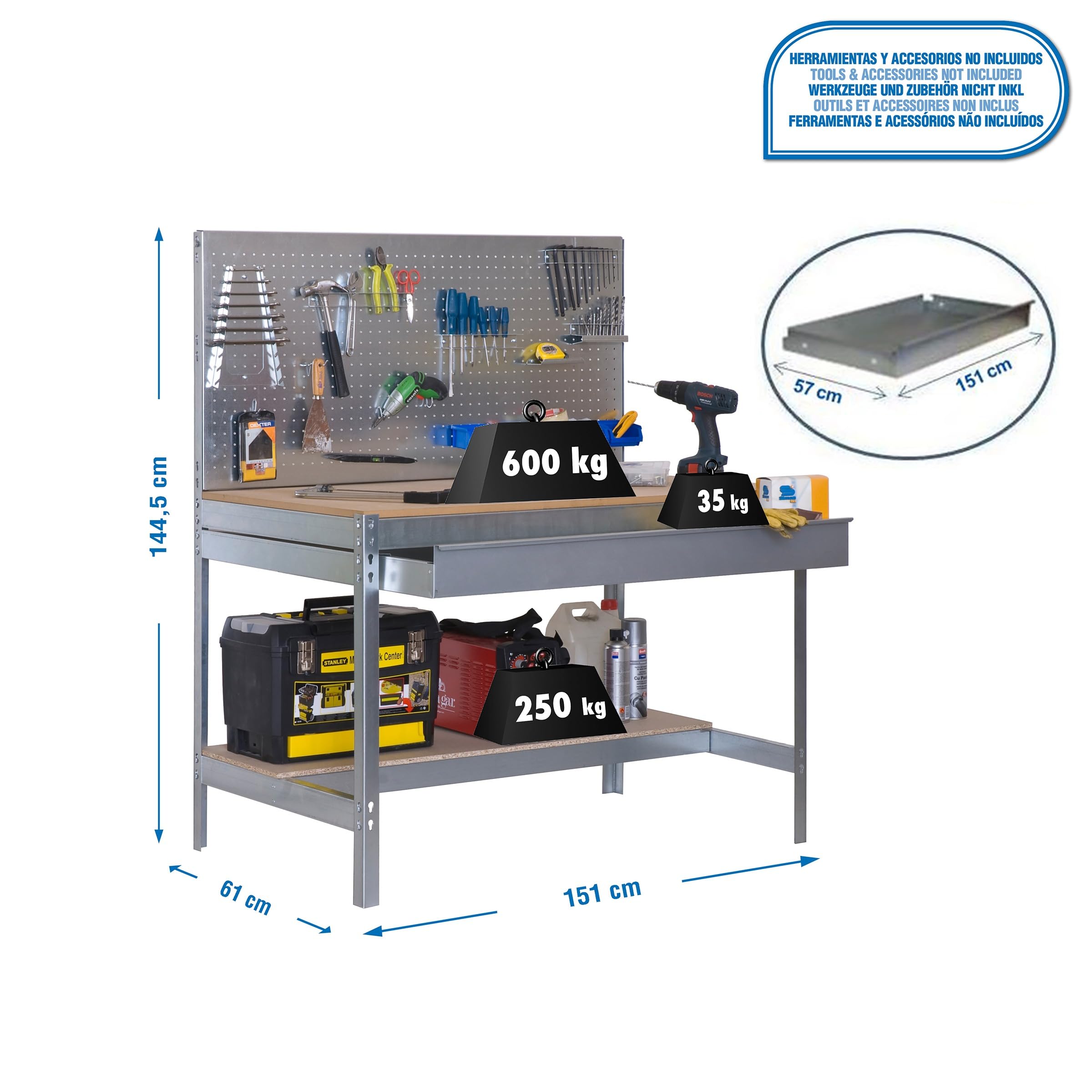 SimonRack Banco da Lavoro Officina, Capacità di Peso 600 kg, 1445x1510x610 mm, Tavolo da Lavoro, 1 Cassettto, Zincato/Lengo - BT2
