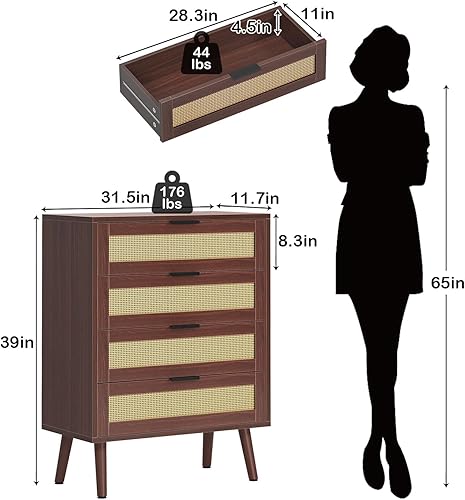 Miniatura 2 de SogesHome Armario de almacenamiento de ratán de 4 niveles para el hogar, armario de cocina con puerta, aparador natural con 4 cajones, armarios de