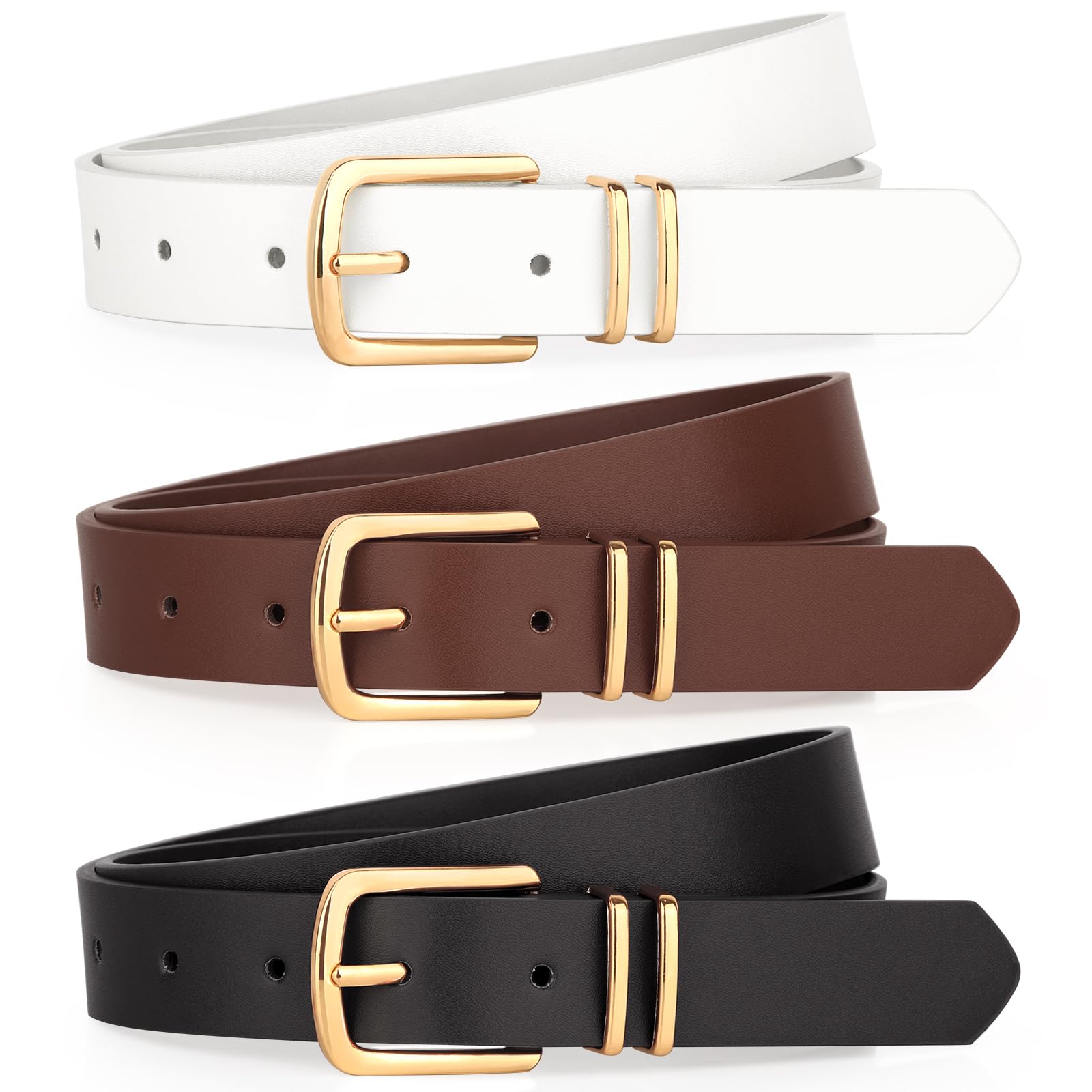 Monoluxe Pack 3 Womens Belts for Jeans Pants Ladies Girls Leather Belts with Gold Sliver Buckle