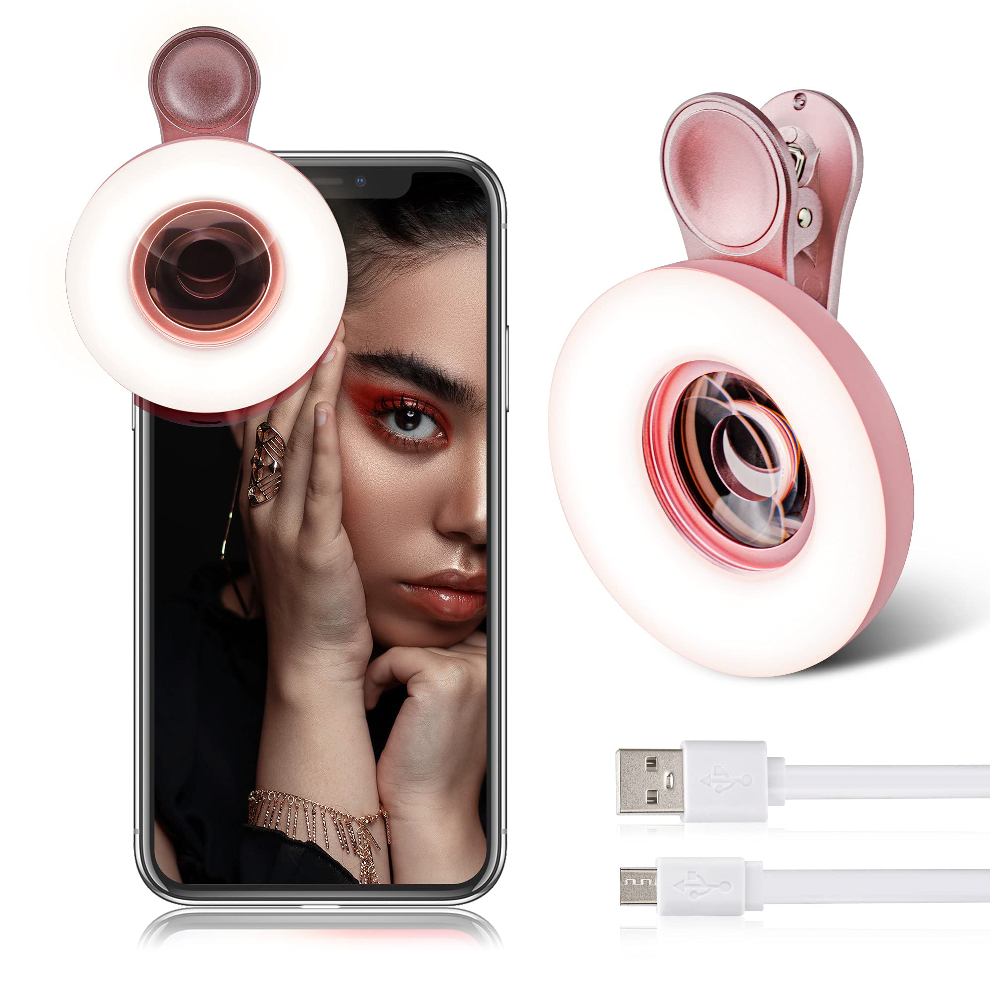 Macro Lens for iPhone and Android with Mini Clip Ring Light, Portable Rechargeable Dimming, for Smart Phone Photography, Camera Video Recording, VLOG