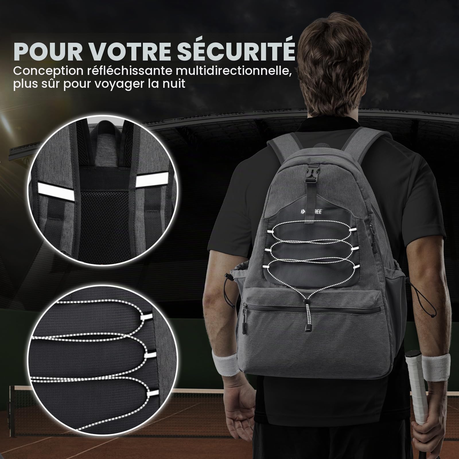 G4Free Sac de Tennis, Sac à Dos de Tennis pour Homme et Femme, Grand Sac de Pickleball, Peut contenir 4 Raquettes avec Compartiment à Chaussures