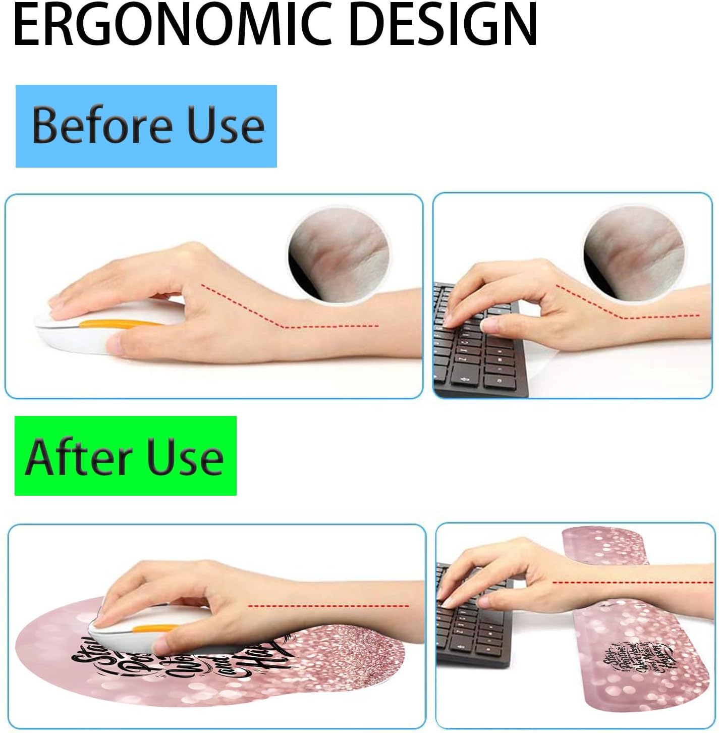 Keyboard Wrist Rest and Mouse Pad Wrist Support Set with Coasters,Stay Positive Work Hard and Make It Happen Rose Gold Glitter Wrist Mouse Pad with Non-Slip PU Base for Computer Laptop Home Office