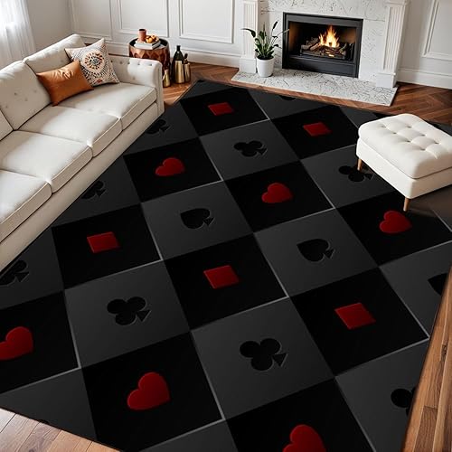 Alfombras de área lavables de 10 x 14 pies para sala de estar, color negro y rojo, tela sin costuras, para mesa de póquer, alfombra minimalista de