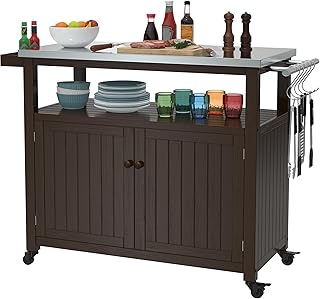 GDLF Armario de almacenamiento para exteriores, mesa de parrilla de madera maciza con cubierta superior de acero inoxidable, impermeable, color marrón oscuro