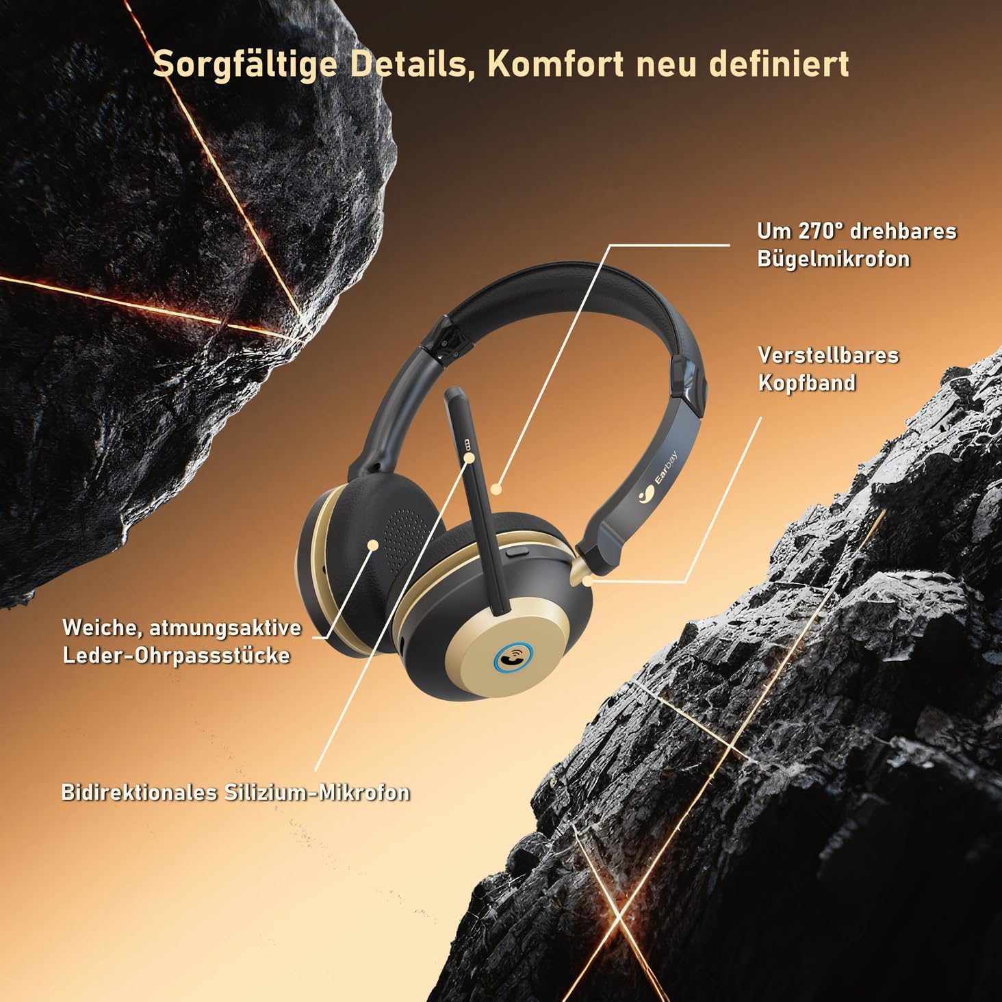 Earbay Headset mit Mikrofon Bluetooth, Headset kabellos KI-Geräuschunterdrückung & USB-Dongle, Bluetooth Headset mit Mikrofon Stummschaltung & Ladestation für PC/Meeting/Call Center/Home/Office