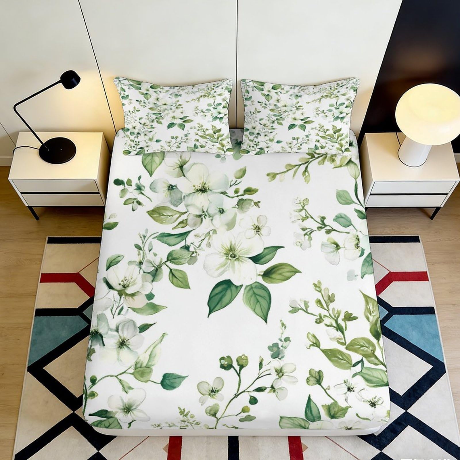 3D Printed botanical Fitted Sheet, green leaf soft touch Microfiber, wrinkle resistant, apartment bedding, guest room suitable, anti-slip, easy care, bed decor, 115 90x200x25cm