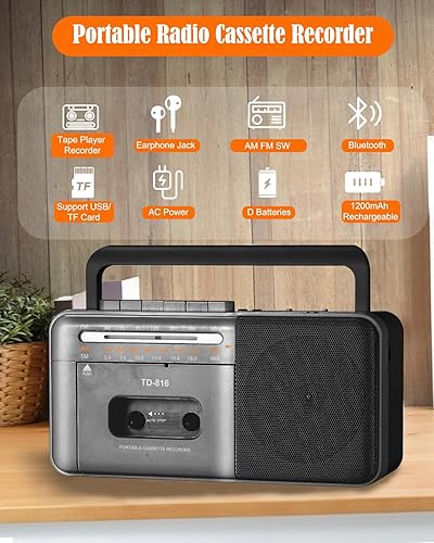 Miniatura 2 de Reproductor de cinta de casete Boombox con Bluetooth, grabadora de casete de radio AM FM SW portátil, altavoz de 8 W y conector para auriculares