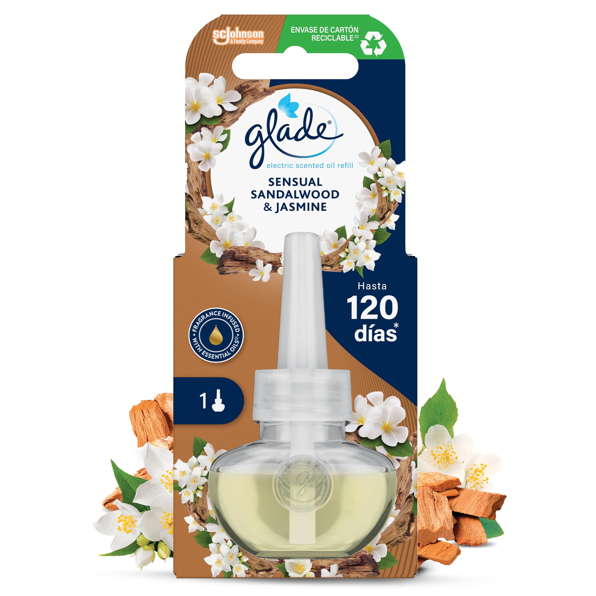 Glade Ambientador Eléctrico Líquido Regulable Sensual Sandalwood & Jasmine, Dura Hasta 120 Días, con Aceites Esenciales, 1 Recambio