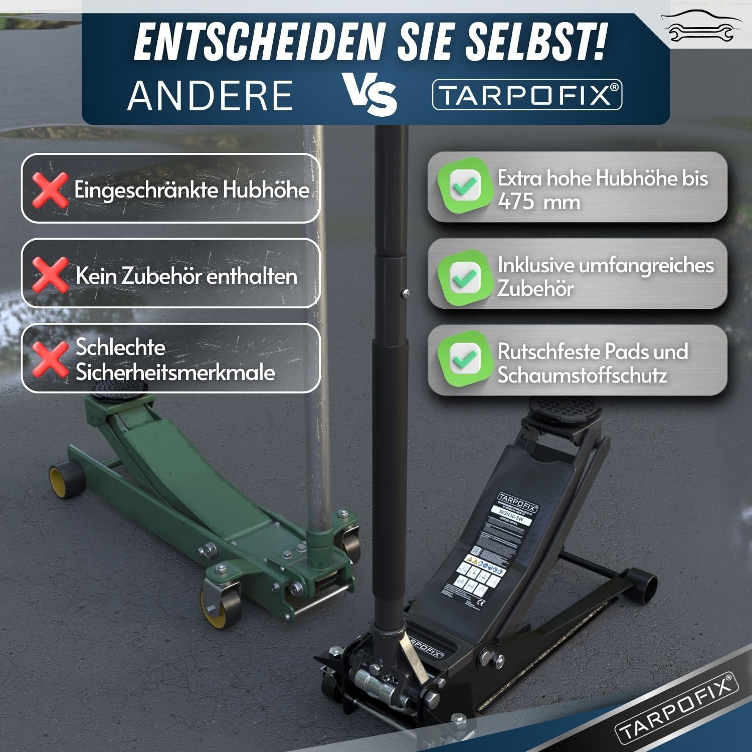 Tarpofix® Wagenheber hydraulisch 3t (85-475mm Hubhöhe) | Premium Rangierwagenheber 3t mit Doppelzylinder | Hydraulischer Wagenheber flach für SUV & tiefergelegte Autos | Hydraulik Rangierwagenheber