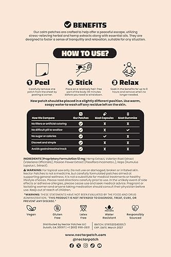 Miniatura 9 de Parches calmantes de néctar  Paquete de 10 para relajación y descanso durante todo el día  con cáñamo, flor de la pasión y raíz de valeriana