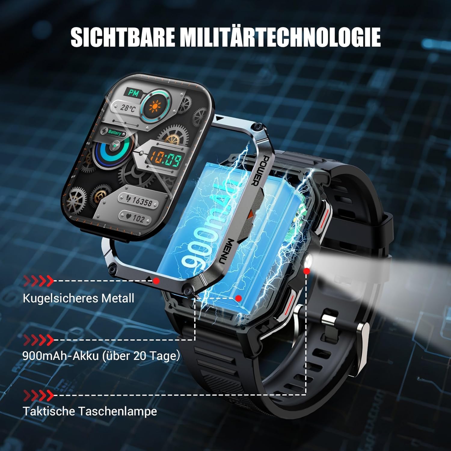 IOWODO Militär Smartwatch Herren,100 Tage Akku, LED Taschenlampe, Bluetooth-Anrufe, Kompass, 100+ Sportmodi, Herzfrequenz- & SPO₂-Monitor, IP68 Wasserdicht, Schlafüberwachung