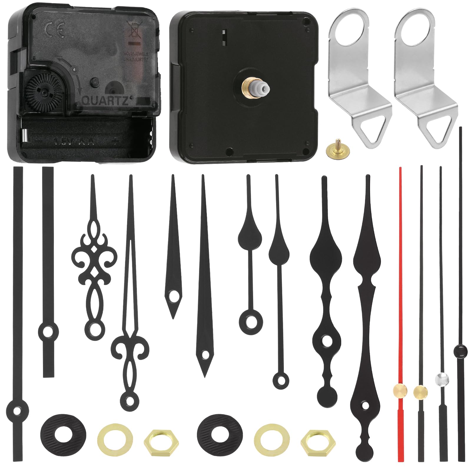 Swpeet 25Pcs 13 mm/0.5 Inch Silent Quartz Clock Mechanism Kit - No Battery, 11 Movement Repair Parts, 14 Different Hands for DIY Wall Clock Replacement