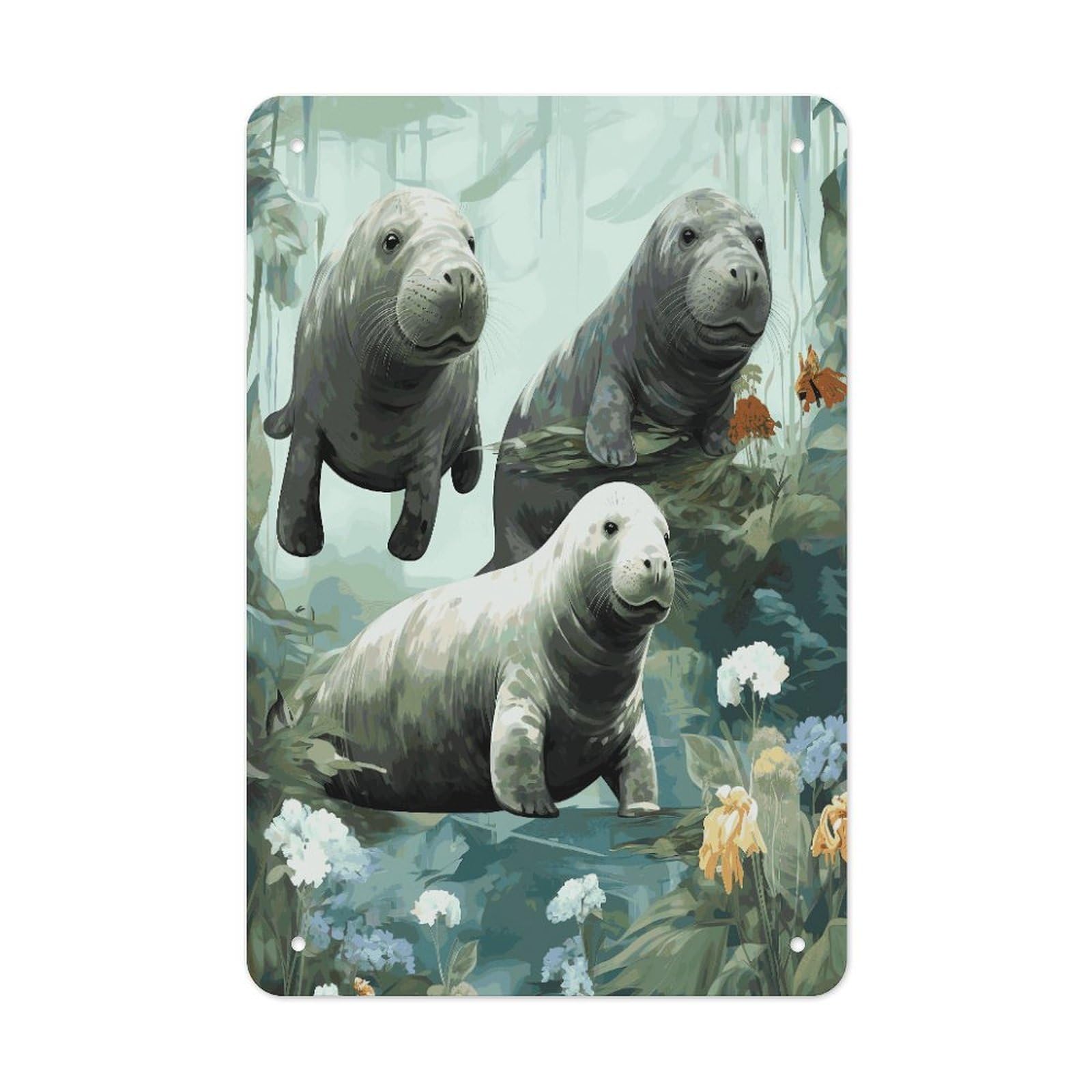 LDGSUPH Rabbits Manatees Wall Art Prints Folded Edge Iron Sheet Painting with Holes for Wall Prints Decorative Picture Metal Signboard Decor Painting for Outdoor Indoor Wall Decor