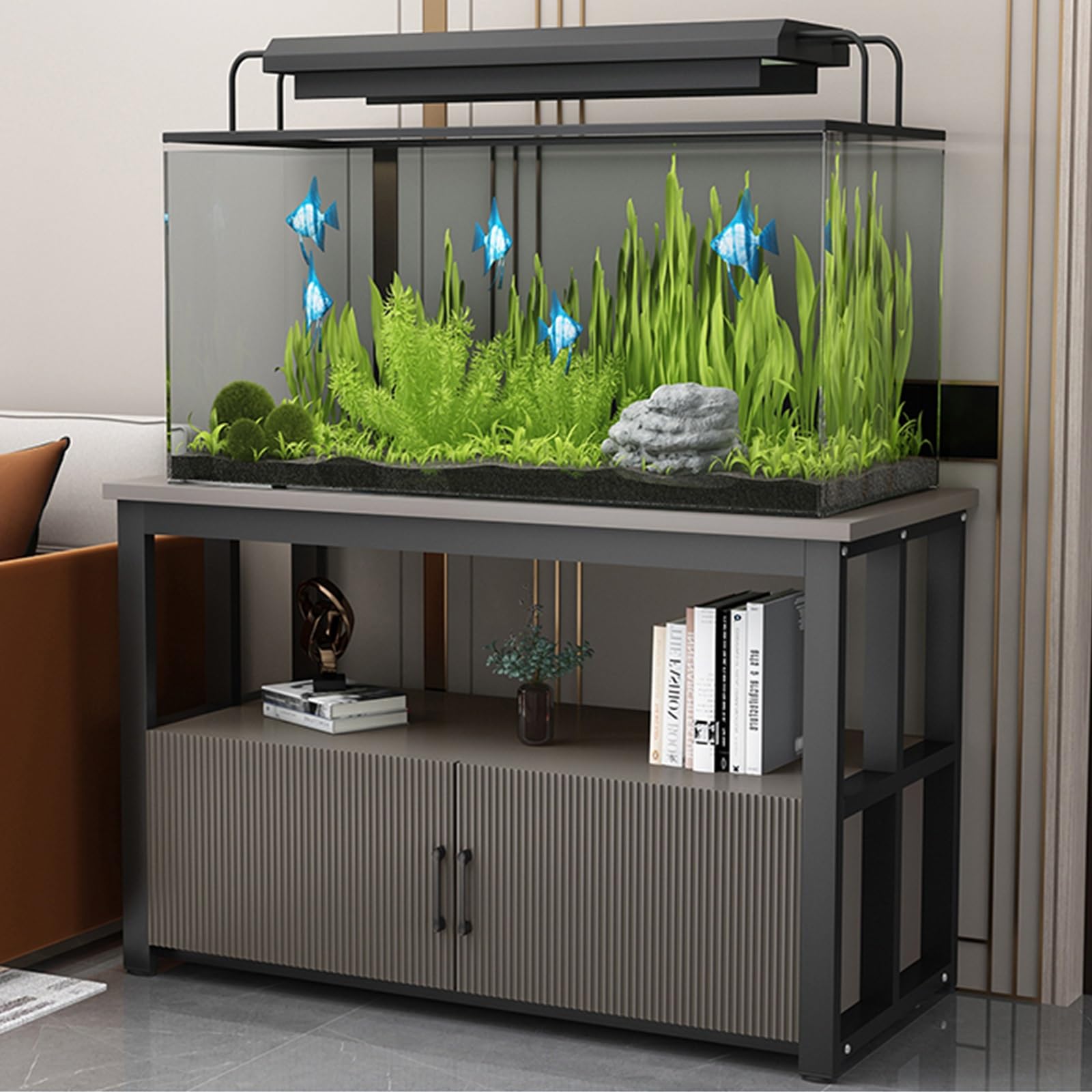 FORRTY Aquarium Mit Unterschrank, Fish Tank Rack Aquarienständer 2-stöckig, 40–120 Cm Lang, Platzsparend, Hohe Tragkraft, Mit Türen Und Ablagen, Ideal Für Wohnzimmer Und Restaurants(Black+gray,120X50X