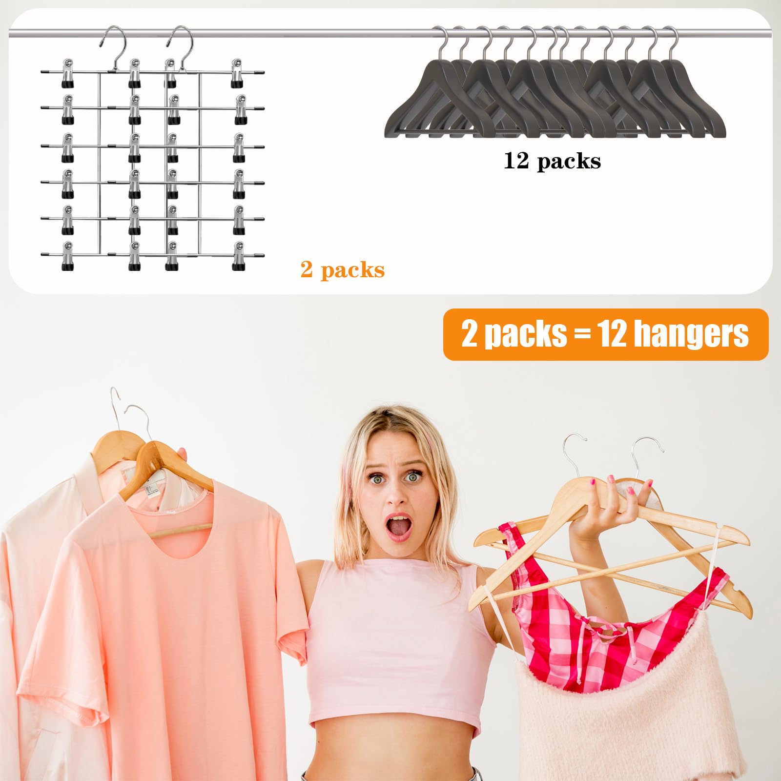 2 Pcs Perchas Pantalones Ahorra Espacio, Perchas Pinzas Metálicas Pantalones con Ganchos Giratorios 360, Clips Ajustables Antideslizantes Faldas para Colgar, Ropa, Cortos, Ropa Interior
